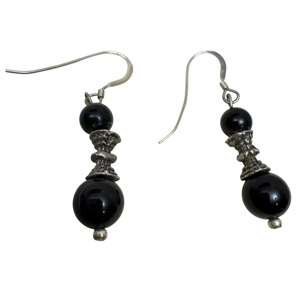 925 Sterling Silver Black Onyx Bead Dangle Earrings Fashion Jewelry 1 3/8 in